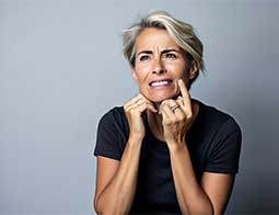 A woman is sitting on a grey background with her hands on her face, visibly showing signs of bruxism, cavity-free smile thanks to Glenn Smile Center.